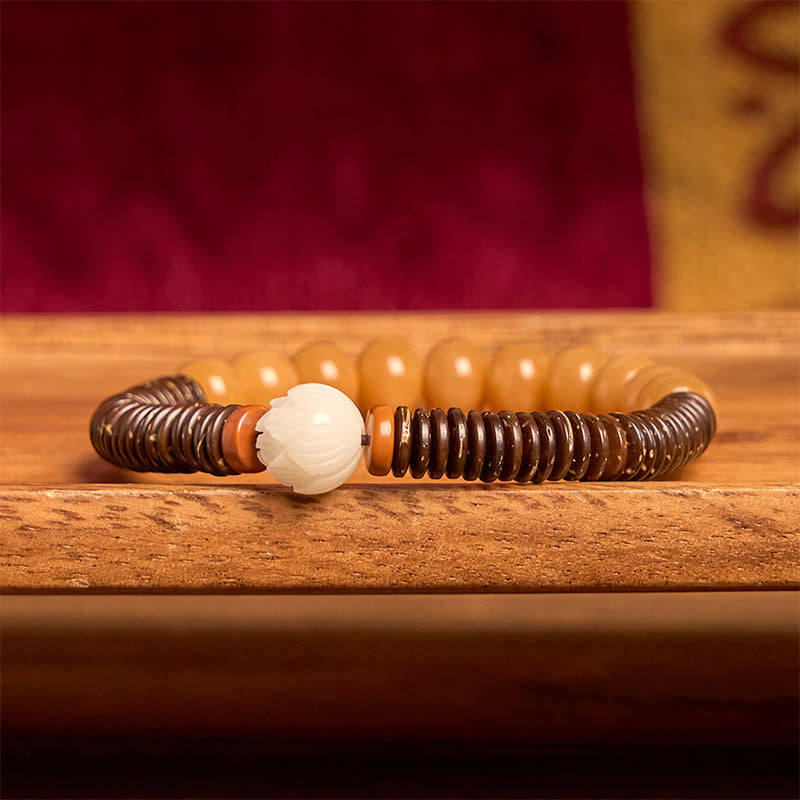 Pulsera de sabiduría de cáscara de coco con cuentas Dzi de semillas de bodhi tibetanas y Buddha Stones