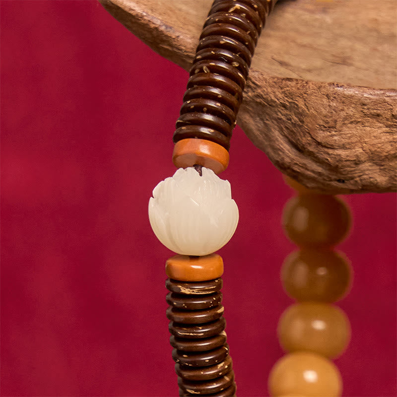 Pulsera de sabiduría de cáscara de coco con cuentas Dzi de semillas de bodhi tibetanas y Buddha Stones