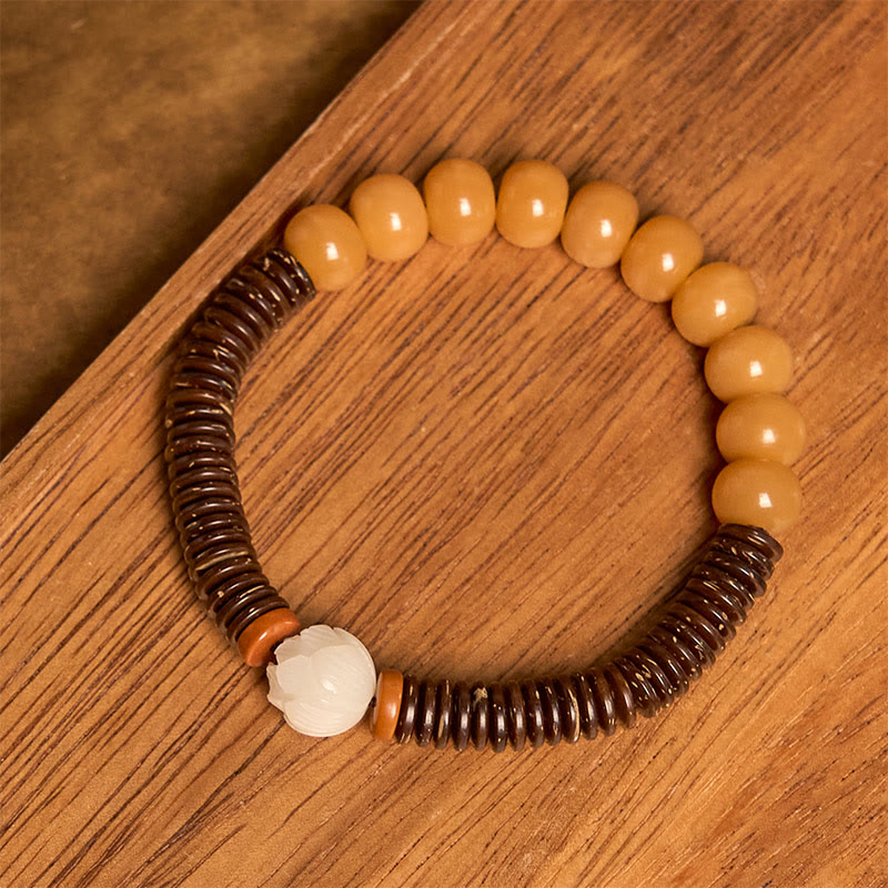 Pulsera de sabiduría de cáscara de coco con cuentas Dzi de semillas de bodhi tibetanas y Buddha Stones