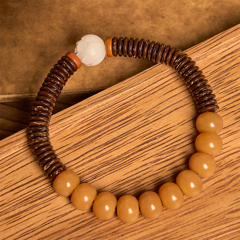 Pulsera de sabiduría de cáscara de coco con cuentas Dzi de semillas de bodhi tibetanas y Buddha Stones