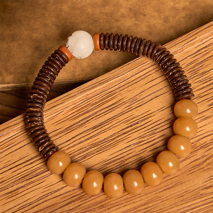 Pulsera de sabiduría de cáscara de coco con cuentas Dzi de semillas de bodhi tibetanas y Buddha Stones