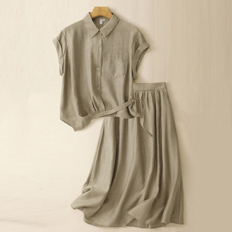 Conjunto de 2 piezas de camisa de manga corta con estampado de Buddha Stones y falda de 7-8 de largo con bolsillos de algodón y lino para mujer - Caqui oscuro - US8-10,UK/AU12-14,EU40-42 (2XL) - image 1