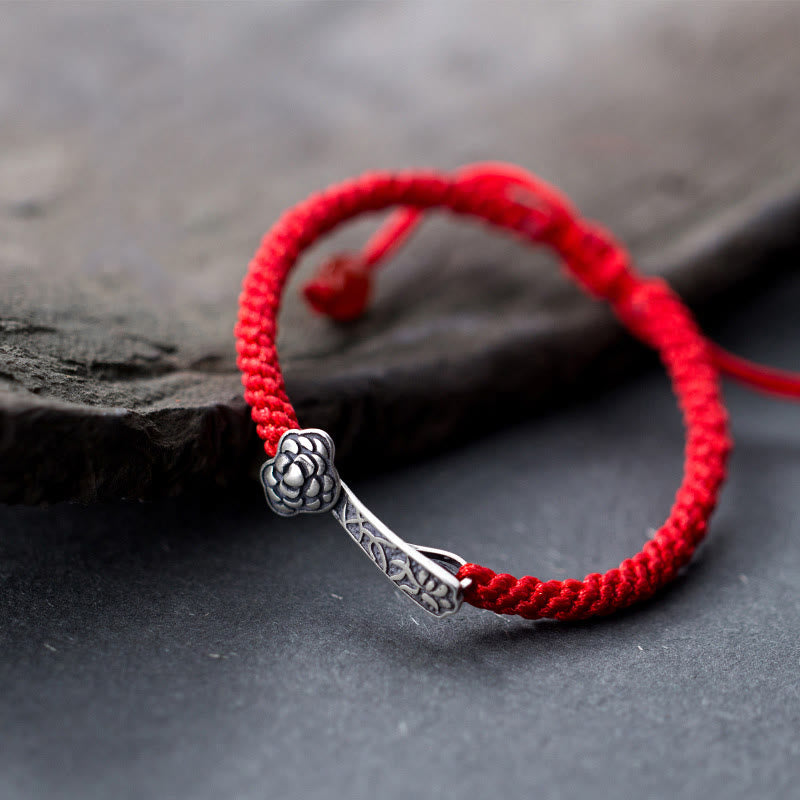 Pulsera trenzada de hilo rojo Ruyi "As One Wishes" de plata de ley 925 con Buddha Stones retro - Plata de ley 925 (circunferencia de la muñeca: 15-21 cm) - image 0