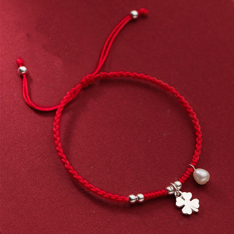 Pulsera retro Buddha Stones de plata de ley 925 con trébol de cuatro hojas, perla y hilo rojo de la suerte - Plata de ley 925 (circunferencia de la muñeca: 15-18 cm) - image 1