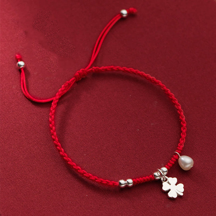 Pulsera retro Buddha Stones de plata de ley 925 con trébol de cuatro hojas, perla y hilo rojo de la suerte - Plata de ley 925 (circunferencia de la muñeca: 15-18 cm) - image 1
