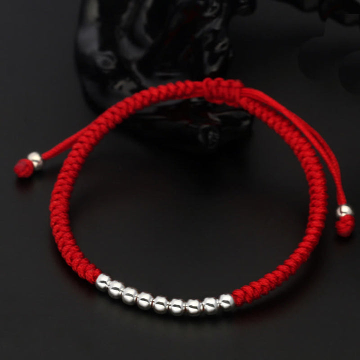 Pulsera de la suerte con cuentas simples de Buddha Stones en plata de ley 925 estilo retro con nudo - Plata de ley 925 (circunferencia de la muñeca: 15-22 cm) - Rojo - image 1