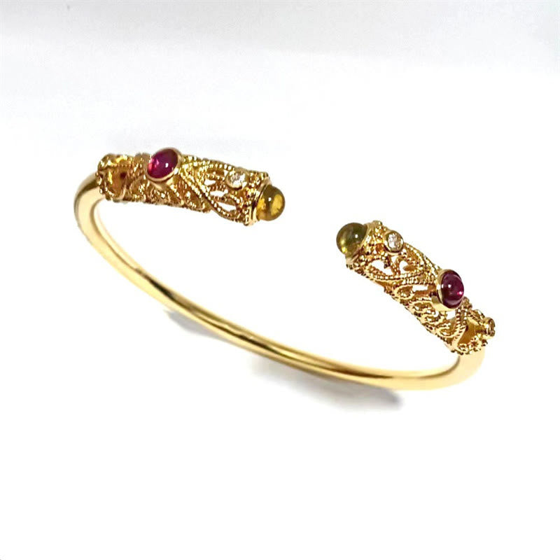 Brazalete de la suerte con Buddha Stones, diseño de flores doradas, circonita roja, ámbar y cobre - image 11