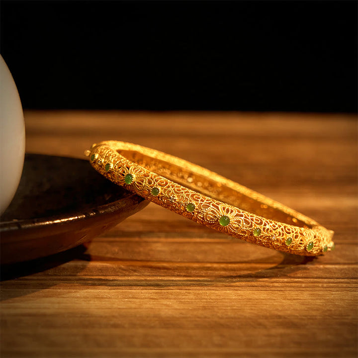 Pulsera de la riqueza con diseño de filigrana hueca y Buddha Stones bañadas en cobre y oro