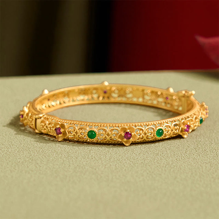 Pulsera de la suerte con diseño hueco de Buddha Stones y flor de oro bañada en cobre