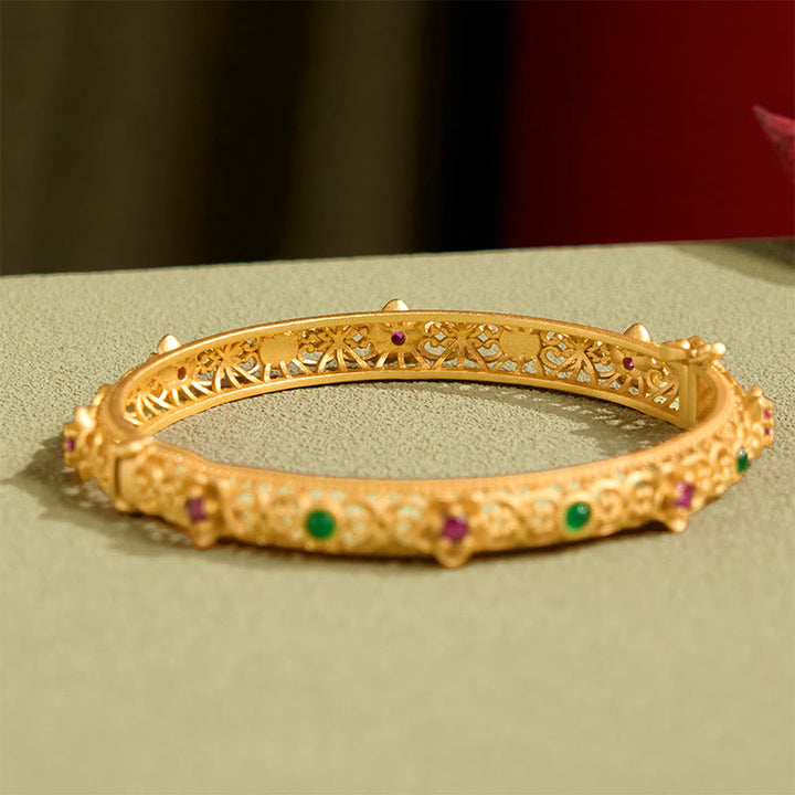 Pulsera de la suerte con diseño hueco de Buddha Stones y flor de oro bañada en cobre