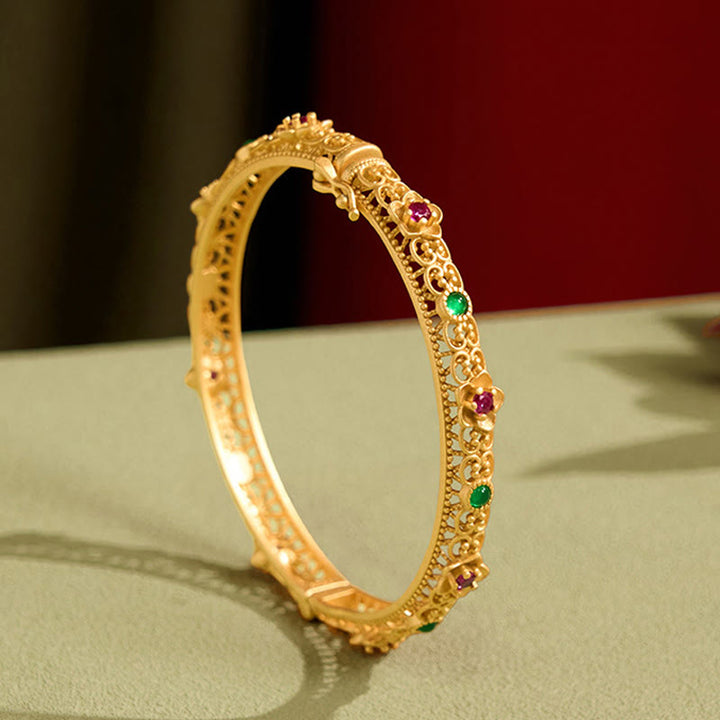 Pulsera de la suerte con diseño hueco de Buddha Stones y flor de oro bañada en cobre