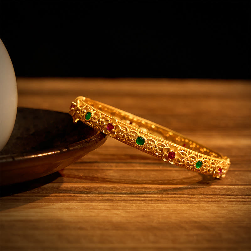 Pulsera de la suerte con diseño hueco de Buddha Stones y flor de oro bañada en cobre