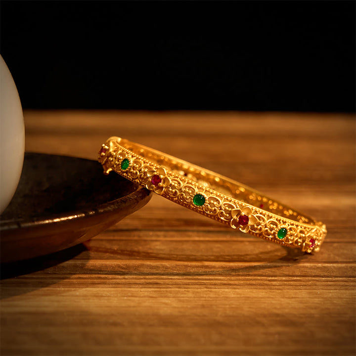 Pulsera de la suerte con diseño hueco de Buddha Stones y flor de oro bañada en cobre