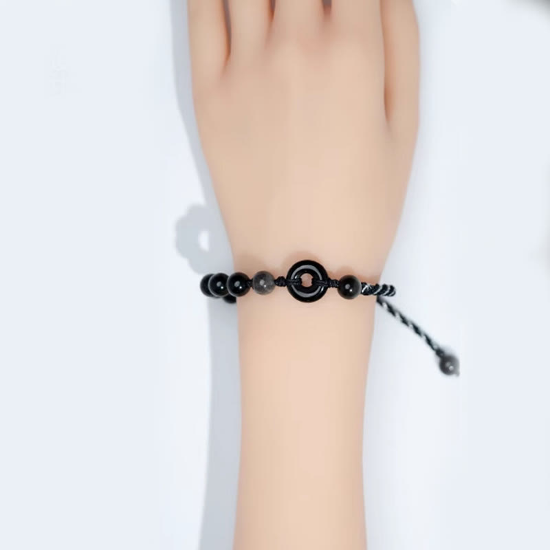 Buddha Stones Pulsera de cuerda negra purificadora con hebilla de paz de obsidiana negra natural