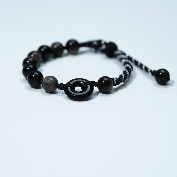 Buddha Stones Pulsera de cuerda negra purificadora con hebilla de paz de obsidiana negra natural