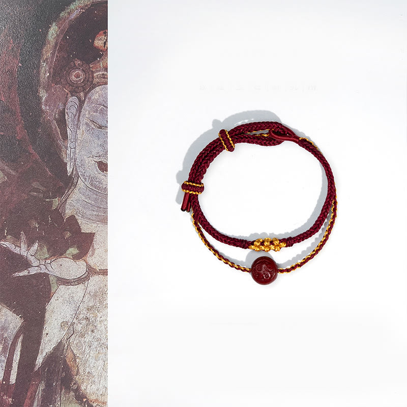 Pulsera trenzada de ocho hilos con cuentas de cinabrio y nudo de flor de durazno con Buddha Stones - Cuerda roja y cinabrio (circunferencia de la muñeca: 15-22 cm) - image 1