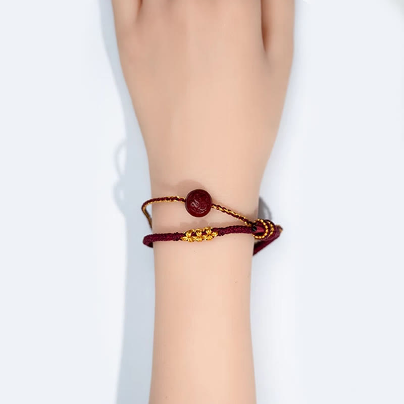 Pulsera trenzada de ocho hilos con cuentas de cinabrio y nudo de flor de durazno con Buddha Stones - image 5