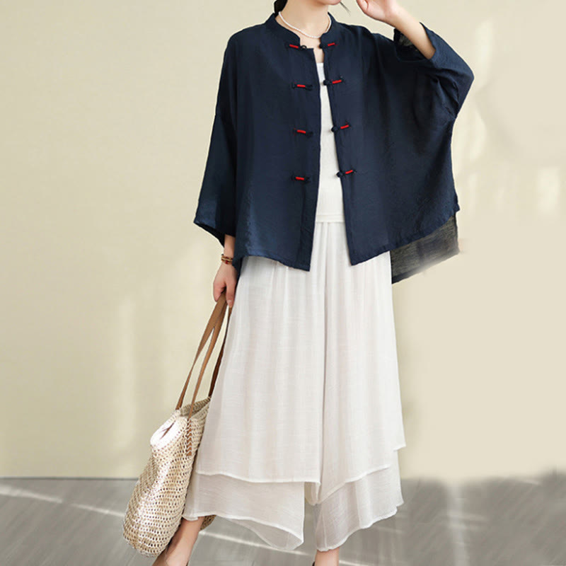 Conjunto de 2 piezas de camisa informal con botones de rana y pantalones holgados para meditación con Buddha Stones - Azul medianoche - US12,UK/AU16,EU44 (XL) - image 1