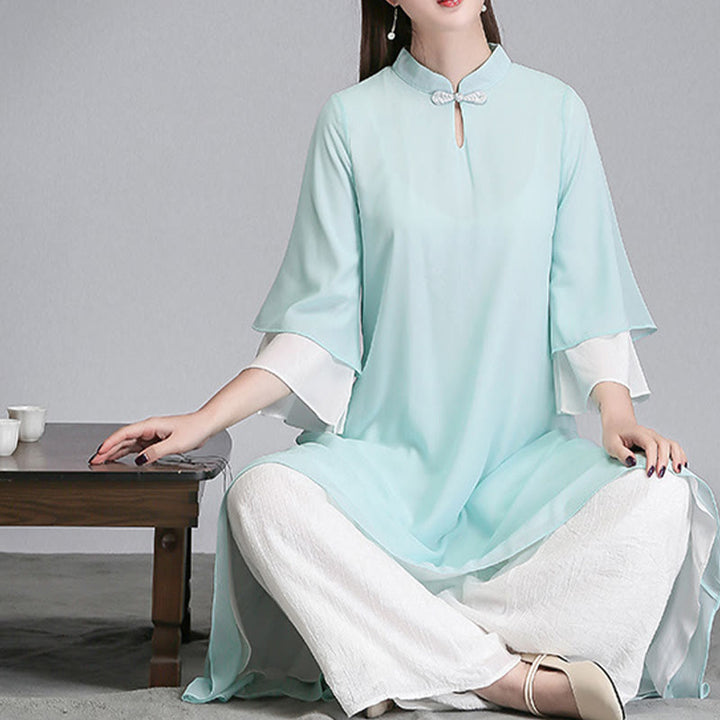 Vestido camisero irregular de gasa con mangas tres cuartos para mujer, pantalones de pierna ancha, ropa de meditación con Buddha Stones
