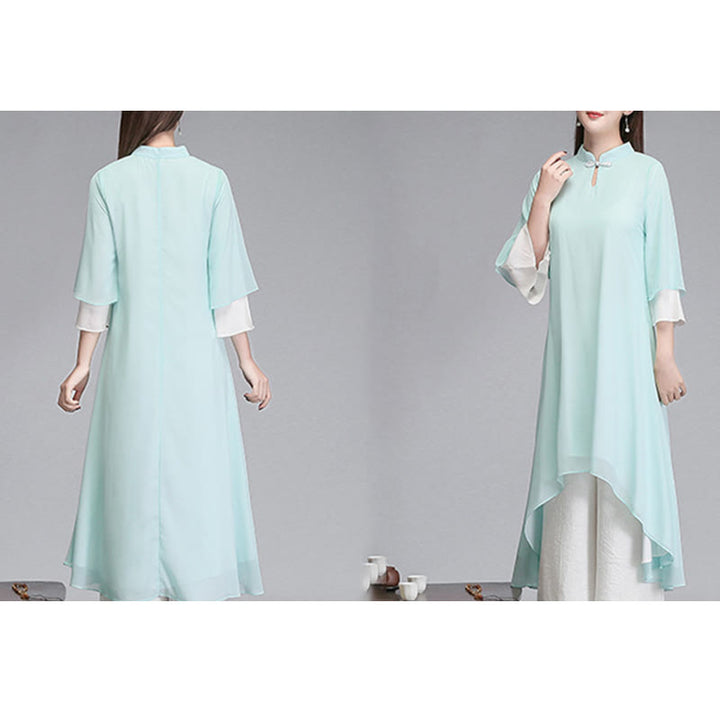 Vestido camisero irregular de gasa con mangas tres cuartos para mujer, pantalones de pierna ancha, ropa de meditación con Buddha Stones