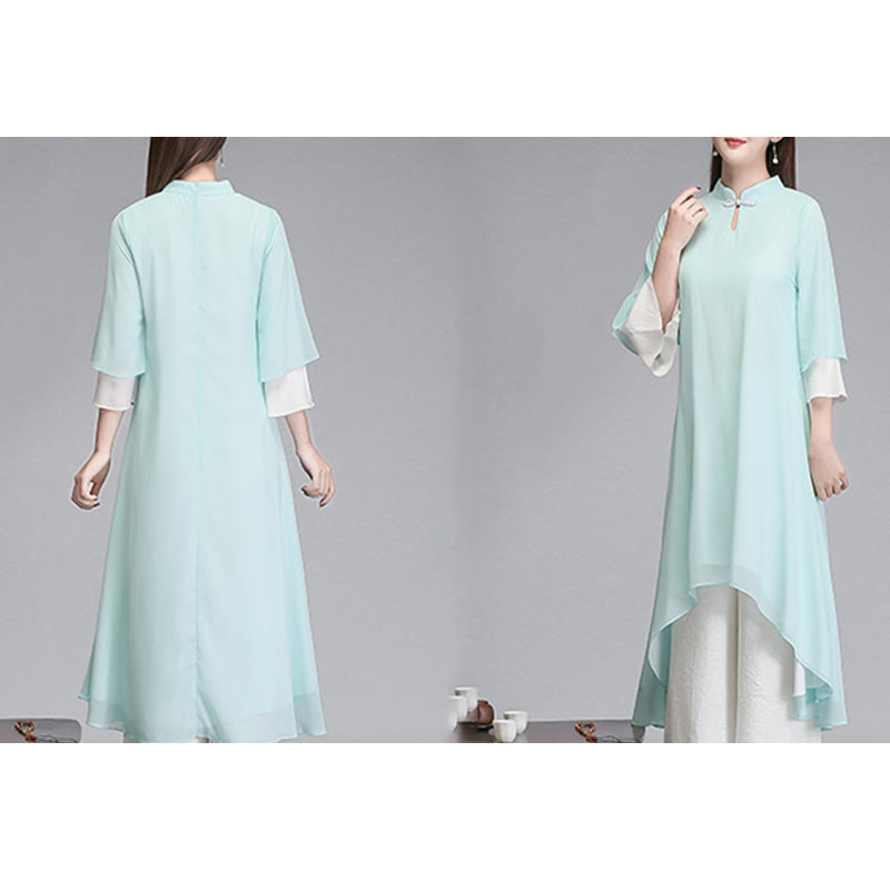 Vestido camisero irregular de gasa con mangas tres cuartos para mujer, pantalones de pierna ancha, ropa de meditación con Buddha Stones