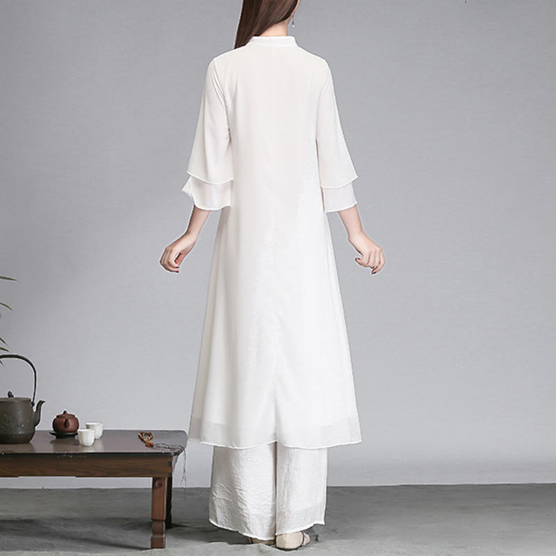 Vestido camisero irregular de gasa con mangas tres cuartos para mujer, pantalones de pierna ancha, ropa de meditación con Buddha Stones