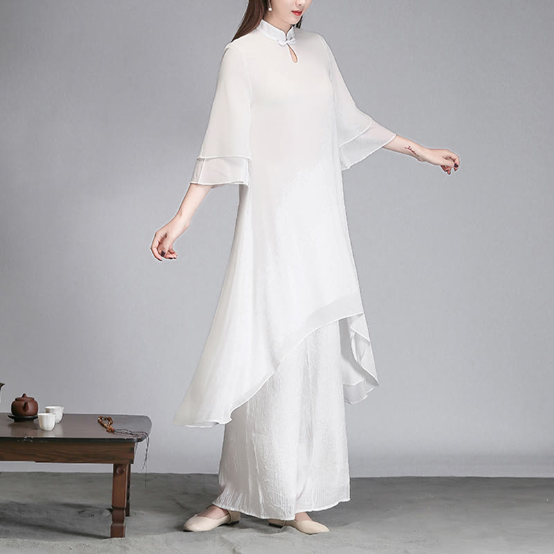 Vestido camisero irregular de gasa con mangas tres cuartos para mujer, pantalones de pierna ancha, ropa de meditación con Buddha Stones