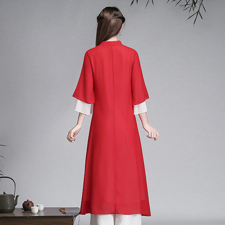 Vestido camisero irregular de gasa con mangas tres cuartos para mujer, pantalones de pierna ancha, ropa de meditación con Buddha Stones