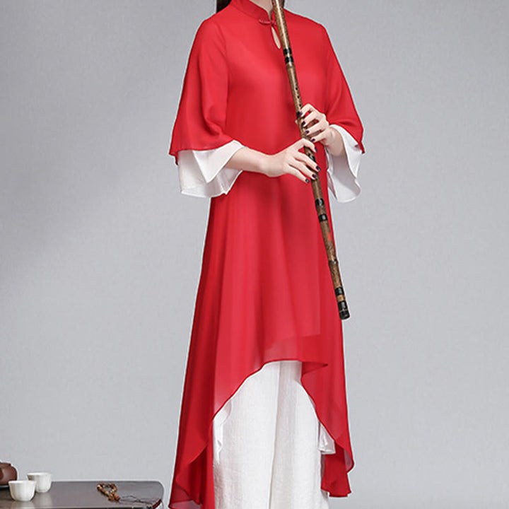 Vestido camisero irregular de gasa con mangas tres cuartos para mujer, pantalones de pierna ancha, ropa de meditación con Buddha Stones