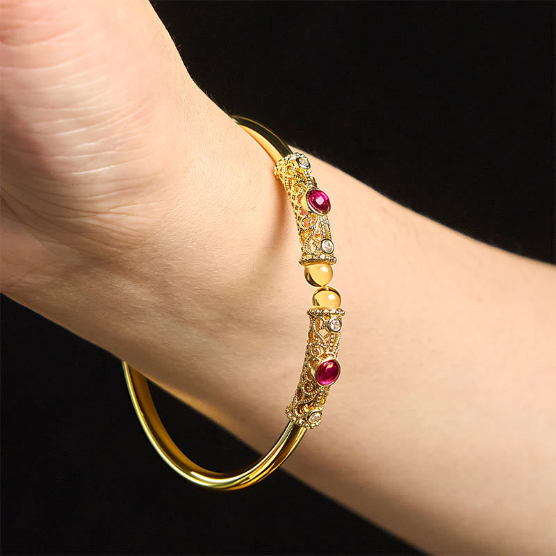 Brazalete de la suerte con Buddha Stones, diseño de flores doradas, circonita roja, ámbar y cobre - image 12