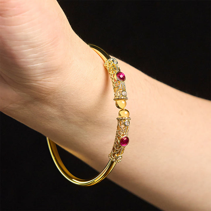 Brazalete de la suerte con Buddha Stones, diseño de flores doradas, circonita roja, ámbar y cobre - image 12