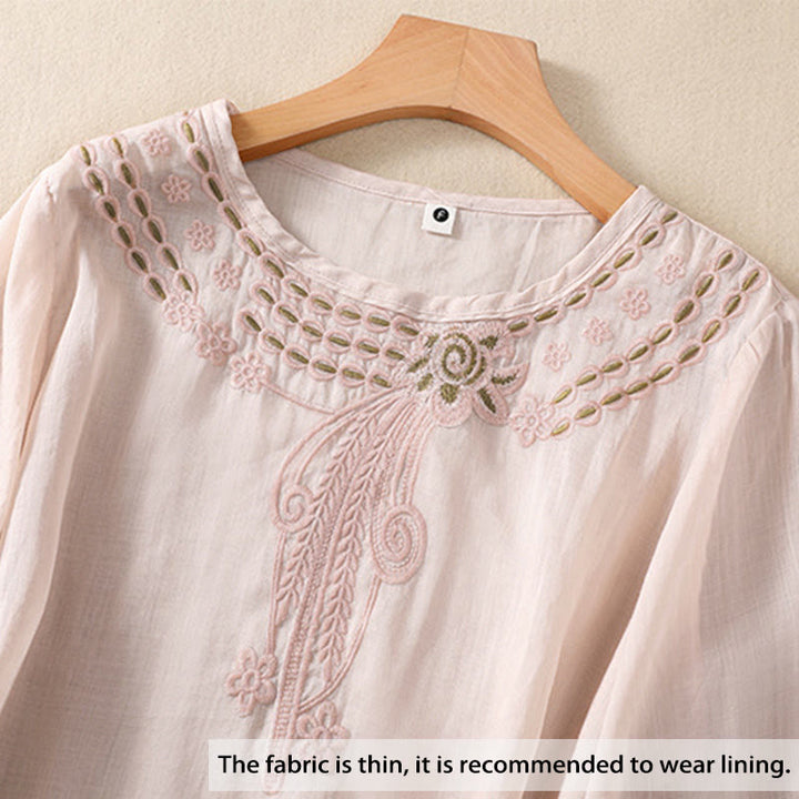 Camisa de lino y algodón de media manga con diseño hueco y cuello redondo para mujer de Buddha Stones