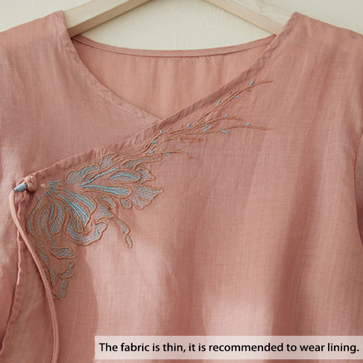 Camisa de lino y algodón con mangas tres cuartos y diseño de plantas bordadas para mujer con Buddha Stones - image 3