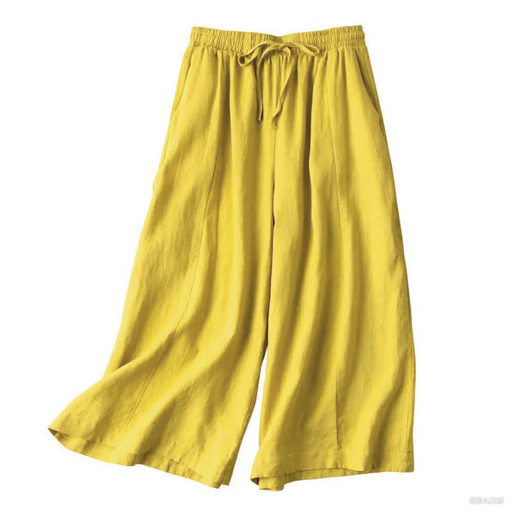 Pantalones capri de algodón y lino para mujer, de pierna ancha y bolsillos , de Buddha Stones, color liso, longitud 7-8 - image 5