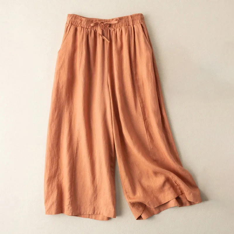Pantalones capri de algodón y lino para mujer, de pierna ancha y bolsillos , de Buddha Stones, color liso, longitud 7-8 - Naranja oscuro - US12, UK/AU16, EU44 (3XL) - image 16