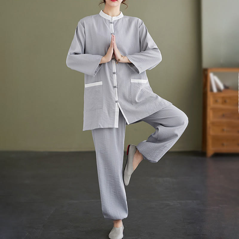 Conjunto de 2 piezas de camisa y pantalones de tai chi de algodón con Buddha Stones para mujer, ropa de meditación zen - Azul acero claro - US8-10,UK/AU12-14,EU40-42 (2XL) - image 1