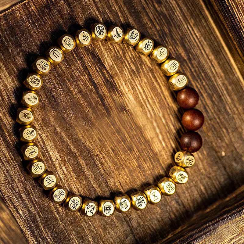 Pulsera de la riqueza con cuentas de madera de azufaifo, cobre y latón, con Buddha Stones y rayo - Cobre y latón (circunferencia de la muñeca: 18-24 cm) - image 6