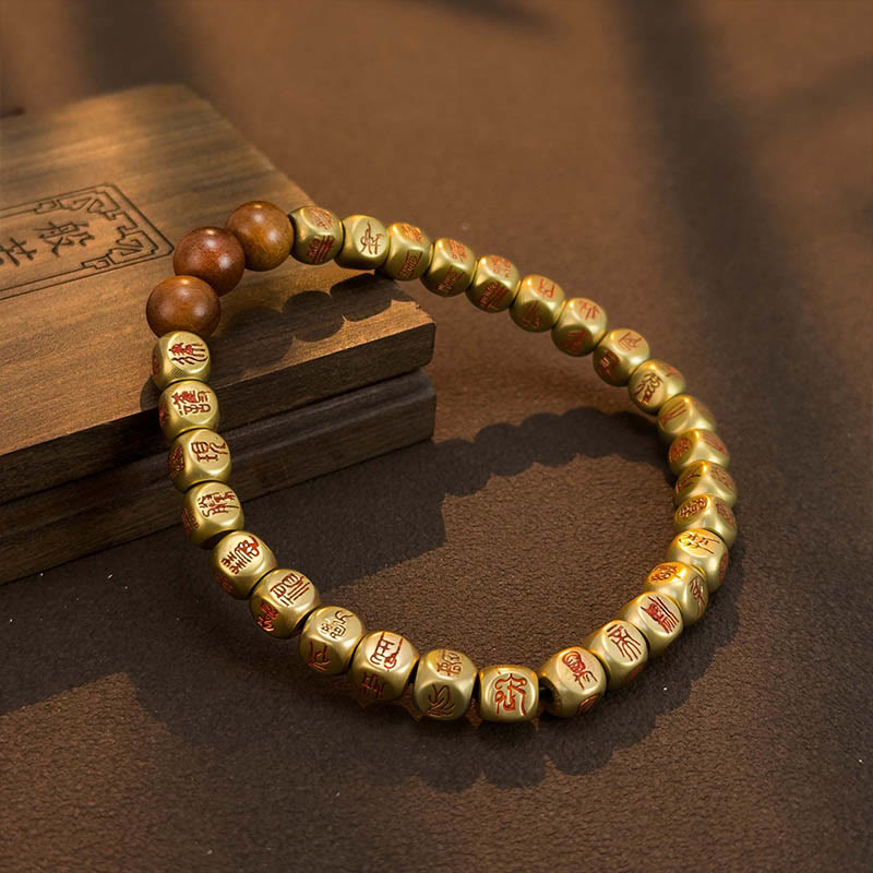 Pulsera de la riqueza con cuentas de madera de azufaifo, cobre y latón, con Buddha Stones y rayo - Cobre, latón y cinabrio (circunferencia de la muñeca: 18-24 cm) - image 1