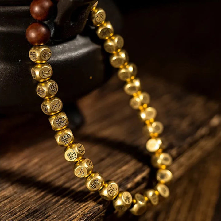 Pulsera de la riqueza con cuentas de madera de azufaifo, cobre y latón, con Buddha Stones y rayo - image 9