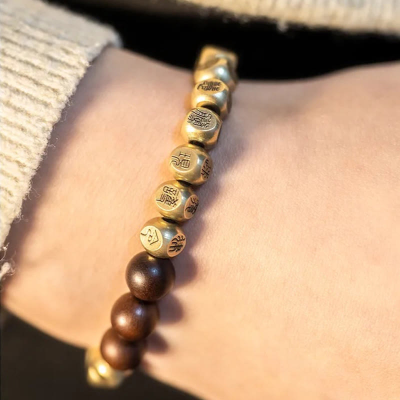 Pulsera de la riqueza con cuentas de madera de azufaifo, cobre y latón, con Buddha Stones y rayo - image 12