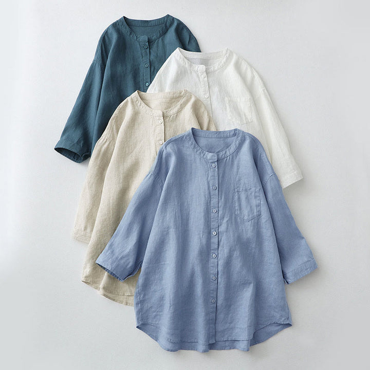 Camisa de manga tres cuartos con botones de color liso con Buddha Stones - image 1