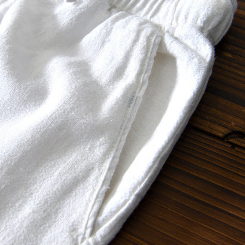 Pantalones casuales de lino y ramio con diseño simple de color liso y bolsillos para hombre con Buddha Stones - image 9