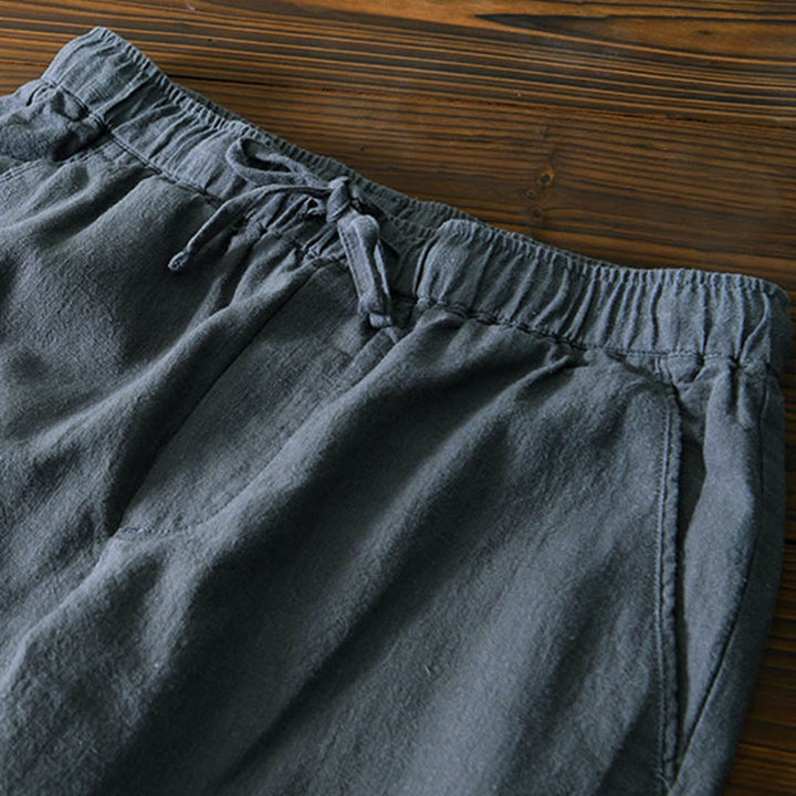 Pantalones casuales de lino y ramio con diseño simple de color liso y bolsillos para hombre con Buddha Stones - image 11