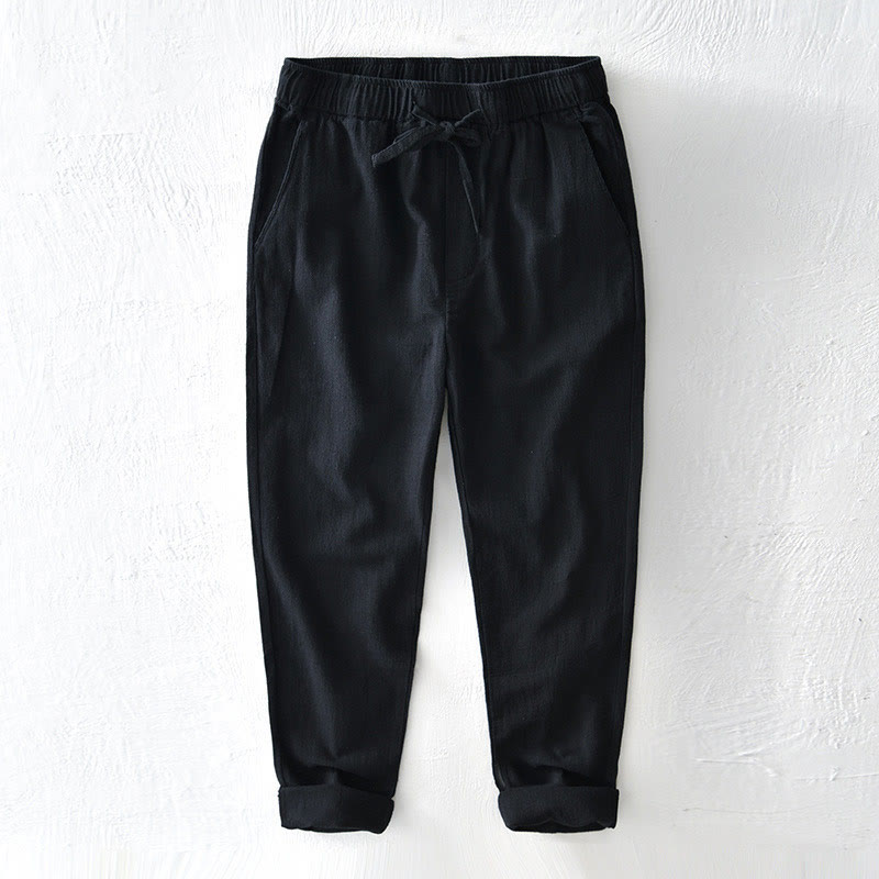 Pantalones casuales de lino y ramio con diseño simple de color liso y bolsillos para hombre con Buddha Stones - Negro - US/UK/AU44, EU54 (4XL) - image 13