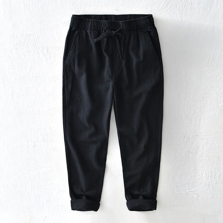 Pantalones casuales de lino y ramio con diseño simple de color liso y bolsillos para hombre con Buddha Stones - Negro - US/UK/AU44, EU54 (4XL) - image 13