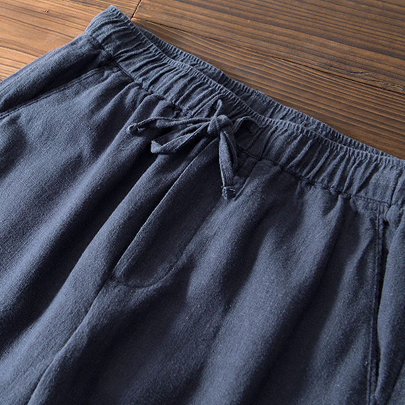 Pantalones casuales de lino y ramio con diseño simple de color liso y bolsillos para hombre con Buddha Stones - image 21