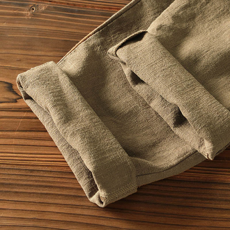Pantalones casuales de lino y ramio con diseño simple de color liso y bolsillos para hombre con Buddha Stones - image 32