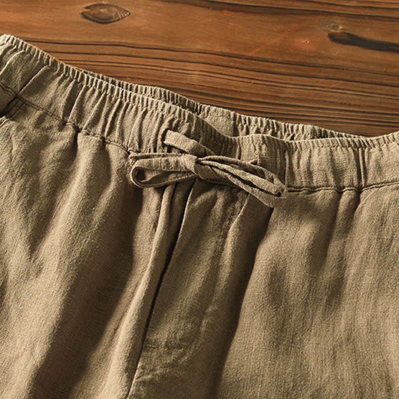 Pantalones casuales de lino y ramio con diseño simple de color liso y bolsillos para hombre con Buddha Stones - image 30