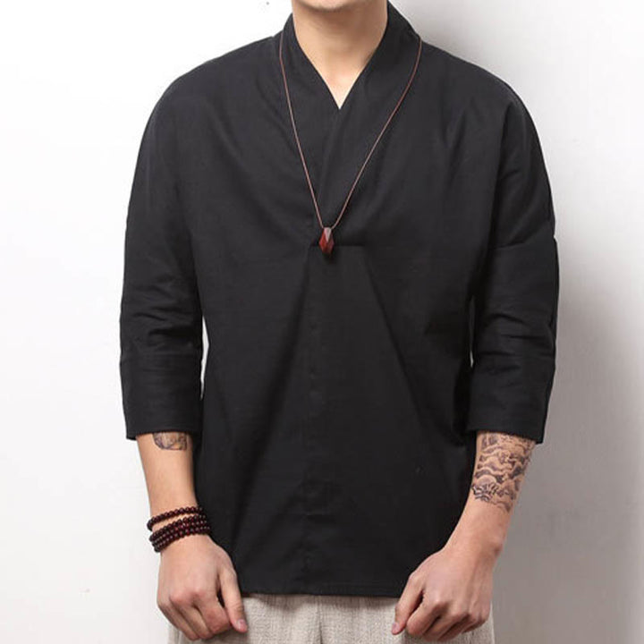 Camisa casual de algodón con cuello en V y manga tres cuartos para hombre de Buddha Stones - Negro - US/UK/AU44, UE54 (5XL) - image 6