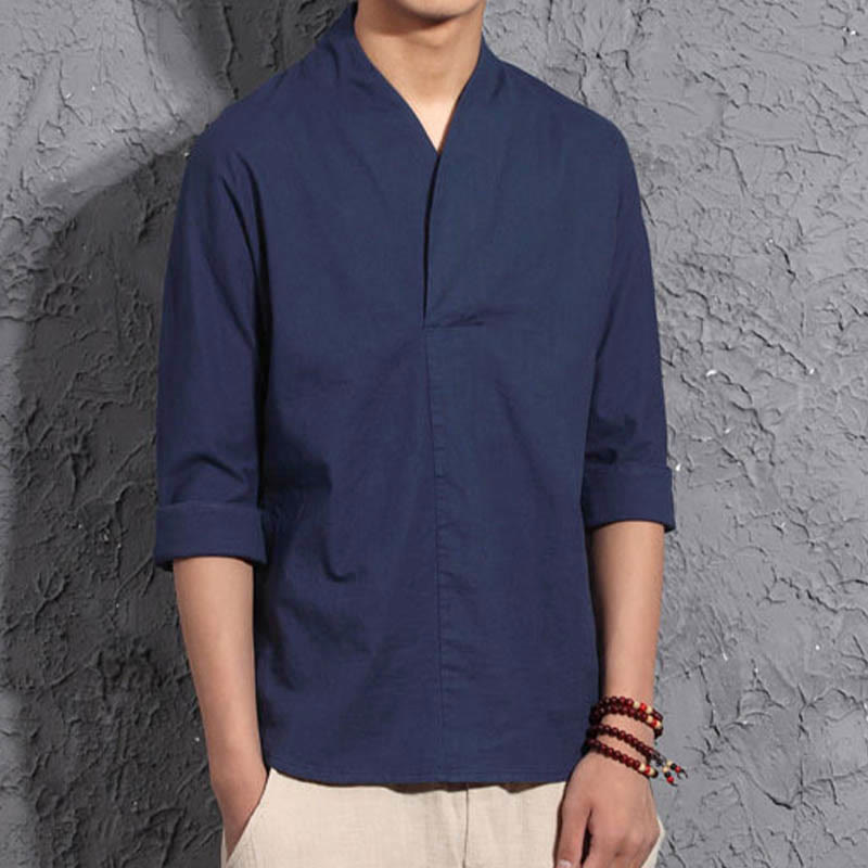 Camisa casual de algodón con cuello en V y manga tres cuartos para hombre de Buddha Stones - image 10